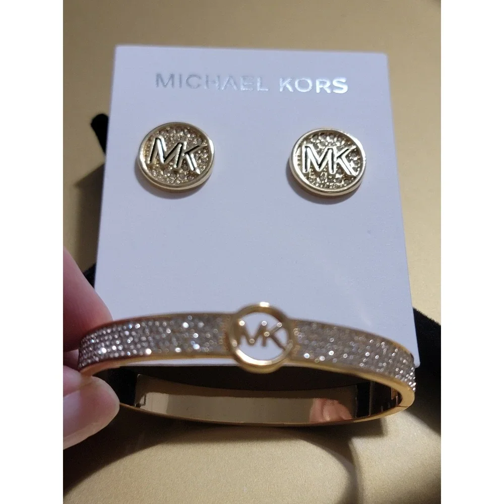 Michael Kors Gold Tone Pave Crystal Logo Bangle Bracelet and Stud Earrings Set‎